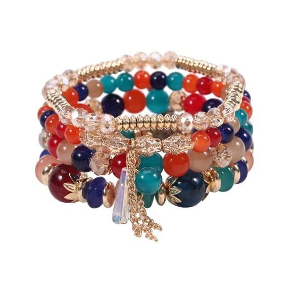 Bohemian Beaded Bracelet Set - Handmade Multi-Layer Glazed Stone Elastic Bracelets with Tassel, Boho Chic Jewelry