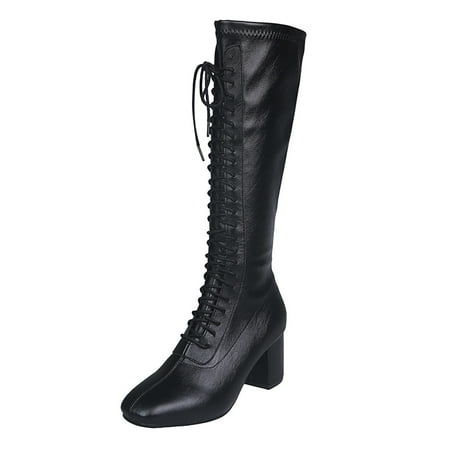 

Ladies Fashion British Style Solid Color Leather Lace Up Thick High Heel Boots