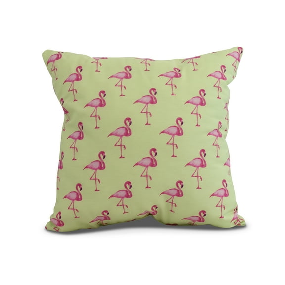Simply Daisy, 16" x 16" Flamingo Fanfare Multi , Animal Print Outdoor Pillow, Light Green