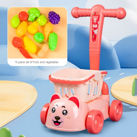 Qocolhg Kids Shopping Cart, Toy Shopping Cart with Play Food Fruit Vegetable Dessert and Shop Accessories, 23 Pcs Pretend Play Grocery Store Toy Kitchen Game Educational Toy for Ages 3-5 Years Olds