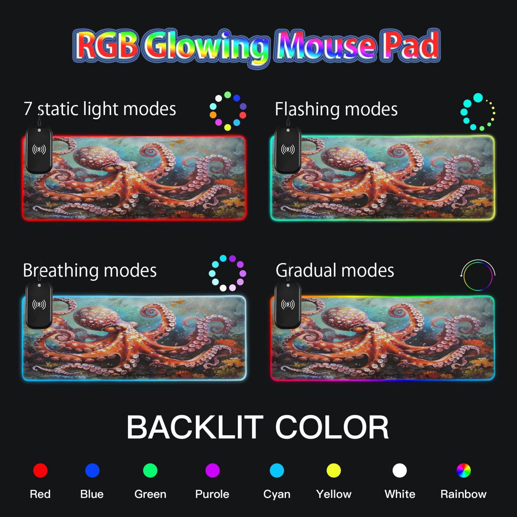 Wireless Charging Mouse Pad Large RGB Gaming Desk Mat 13 Light Modes Mousepad 35.4x15.7 Octopus in Bottom Sea