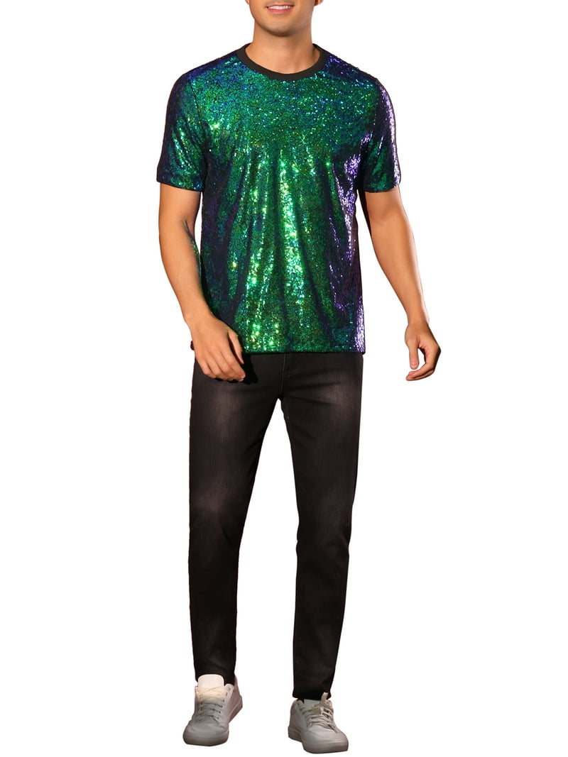 INSPIRE CHIC Glitter T-Shirt for Men's Sequin Tee Tops Short