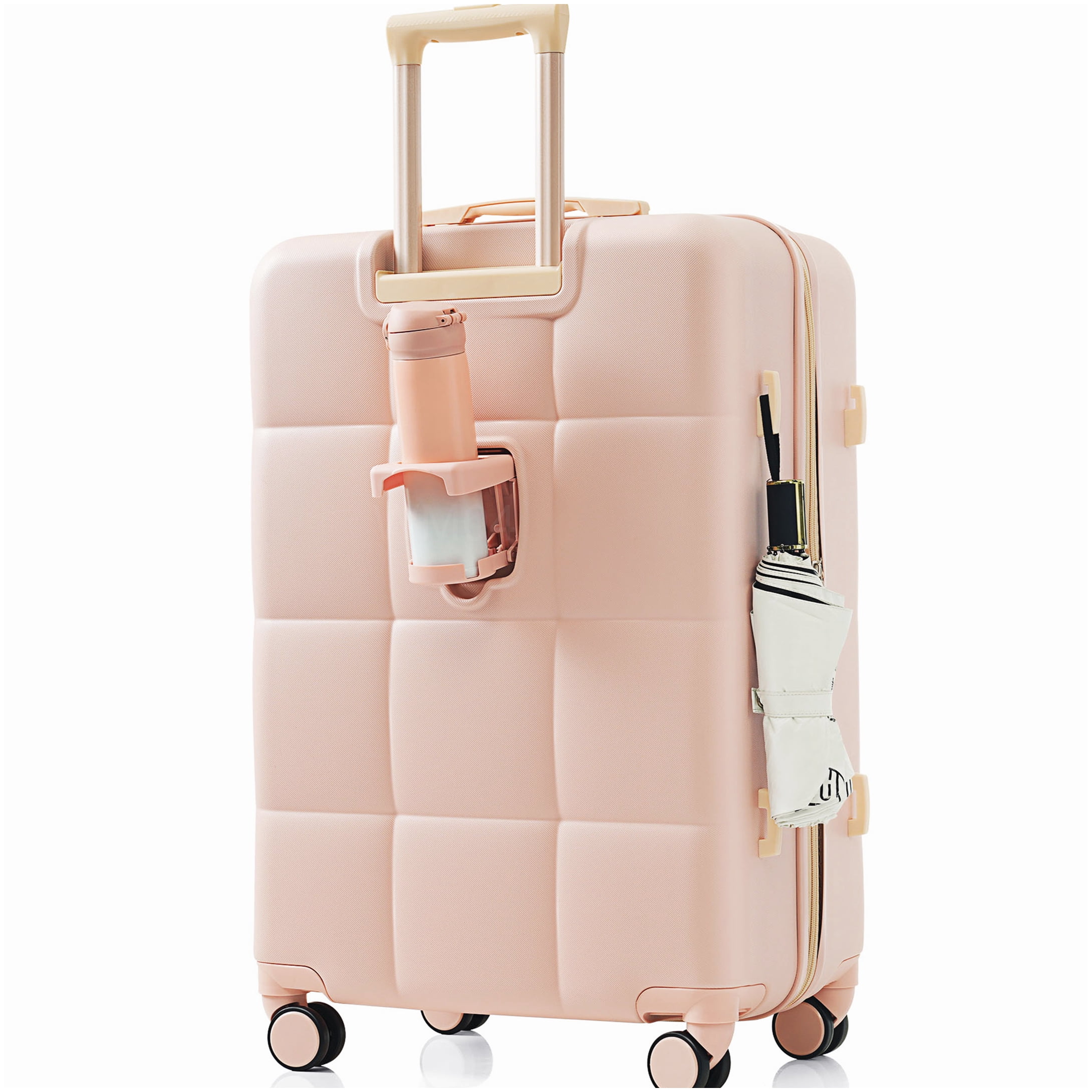 3-Piece ABS Hard Shell Spinner Luggage Set, Pink Suitcase with Built-In Cup Holder, Airline Approved