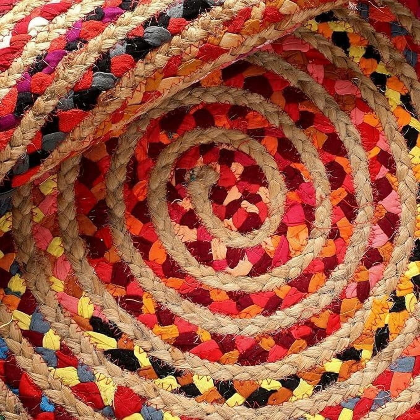 Indian Handmade Braided Natural Jute with Multi Cotton Area Rug 4 x 6 Feet Oval (122 cm x 183 cm), Floor Decor Rugs/Carpet