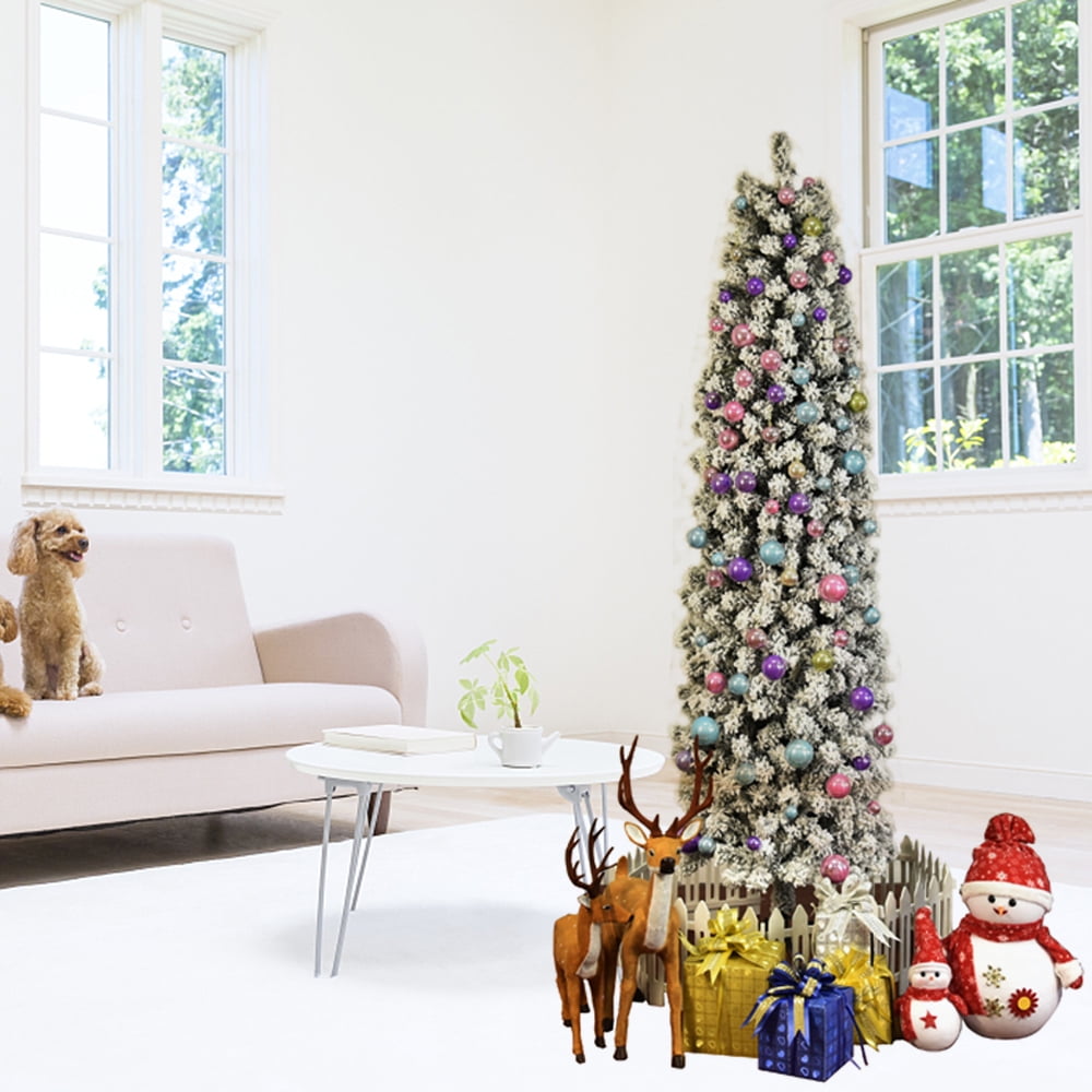 Ktaxon 7.5FT Artificial Slim Pencil Flocked Christmas Tree, with 641