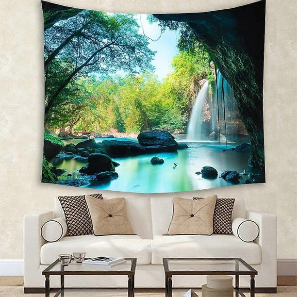 Woodland Tapestry, Waterfall Asia Thailand Jungle Tropic Plants Trees Tourist Attraction, Wall Hanging for Bedroom Living Room Dorm Decor, 59" X 51"