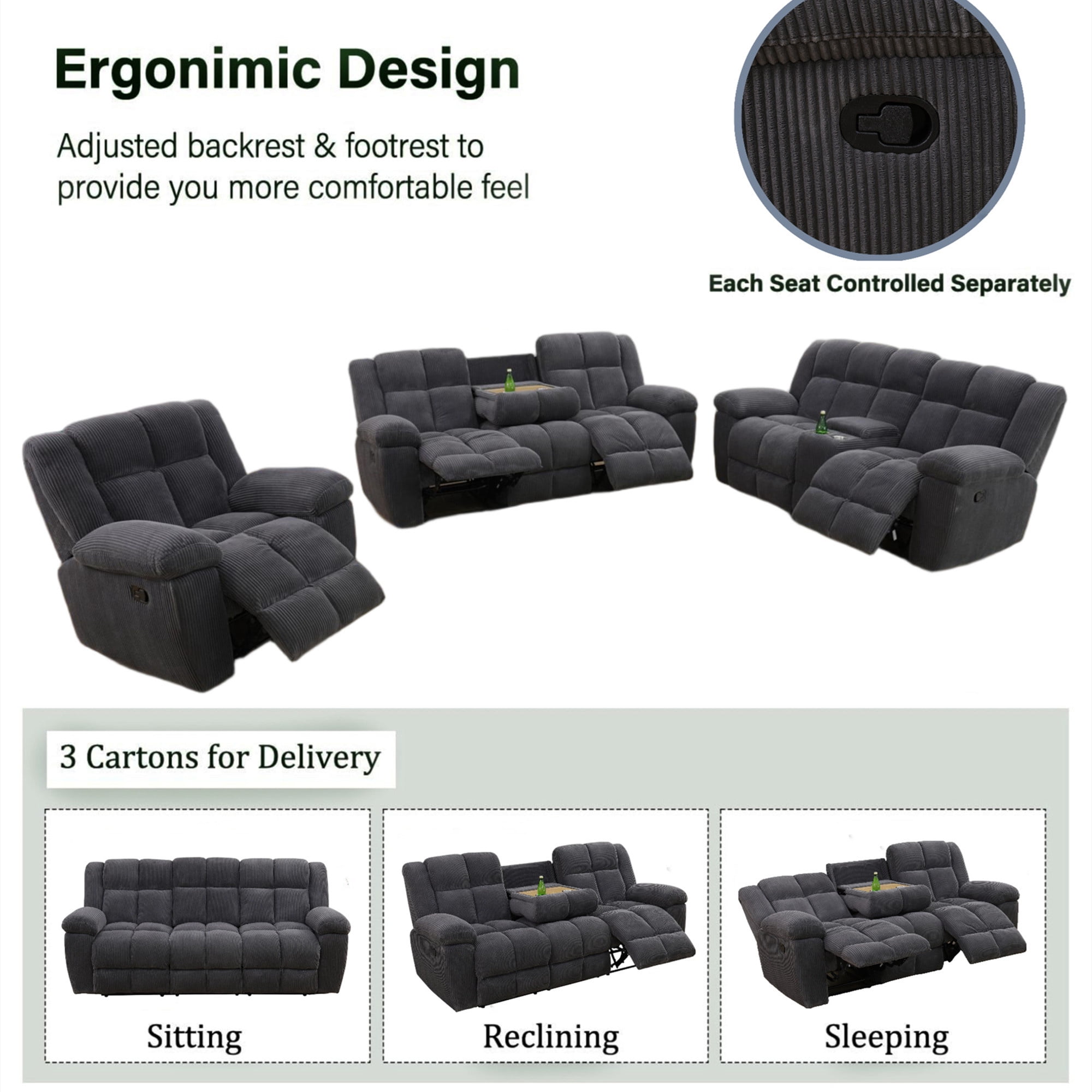 Aukfa 3-Piece Recliner Sofa Set, Oversized Armchair+Loveseat +3 Seat Sofa, 2 Cup Holders&Storage Console, Corduroy, Gray