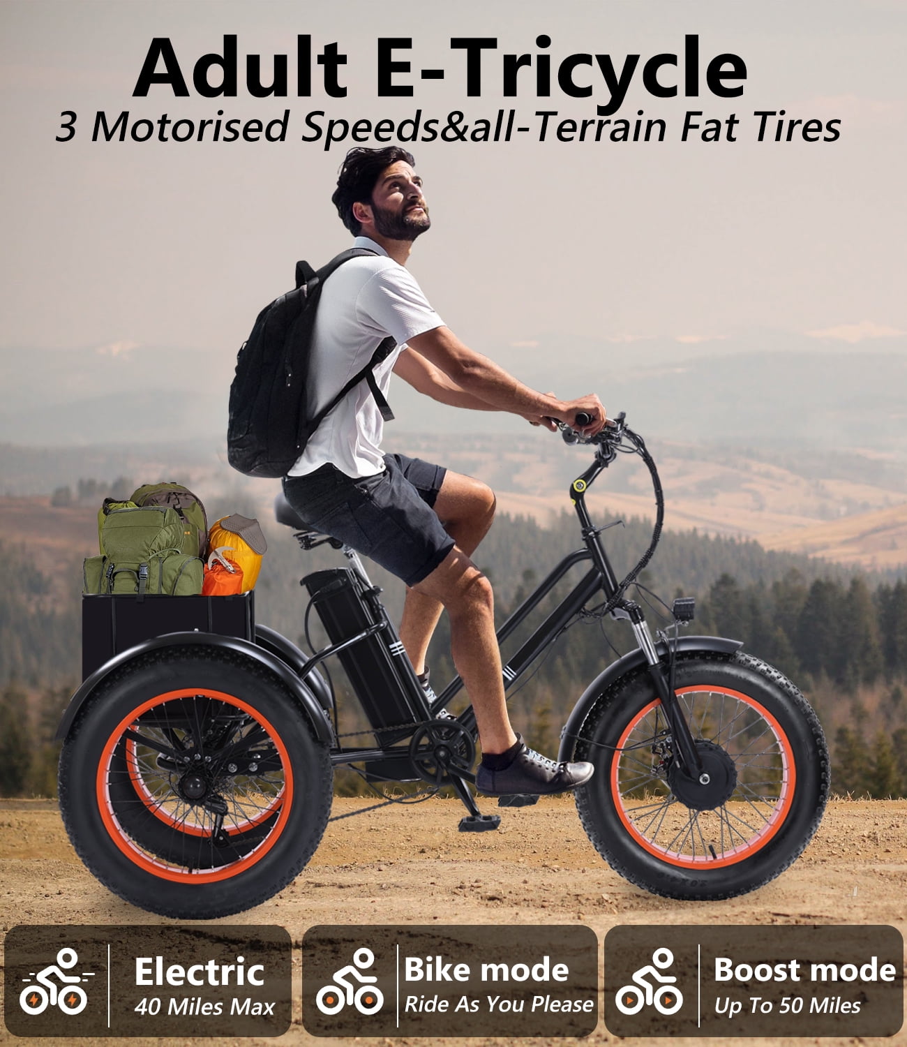 BROOBY Electric Tricycle for Adults, 500W Motor 1000W Peak 3 Wheel Electric Trike with 48V 15Ah Removable Battery, Up to 40 Miles, 20" x 4.0 Fat Tires, Large Rear Basket, 440 lb Capacity, UL2849,