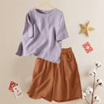 thumbnail image 2 of Jxximdong Women Blouses, Cotton Linen Short Sleeve Tshirt and Elastic Waist Shorts Set Breathable Summer Casual 2Pcs Outfit, Brown Daily Dresses for Women, 2 of 9
