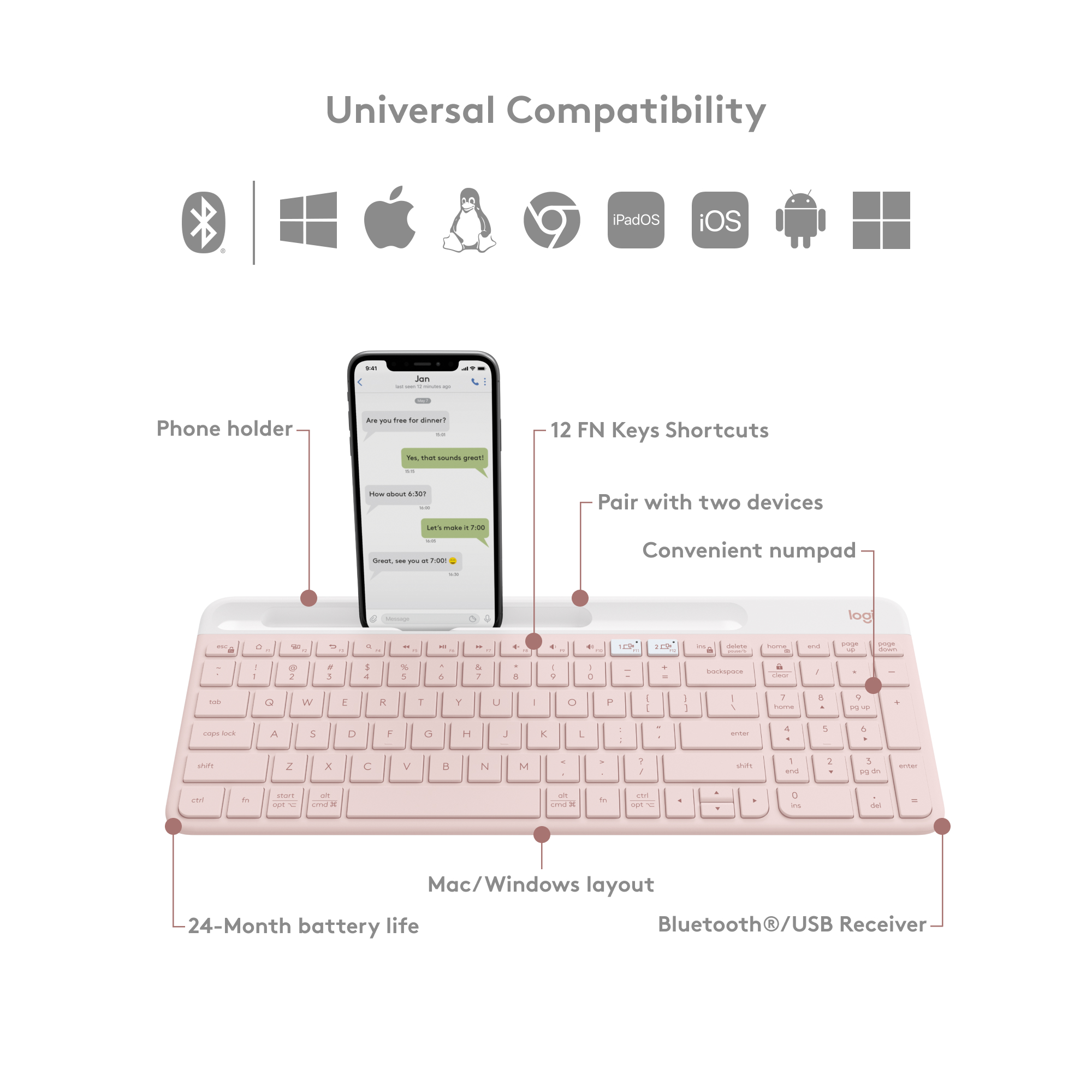 Logitech K585 Multi-Device Slim Wireless Keyboard with Cradle, Rose photo 8