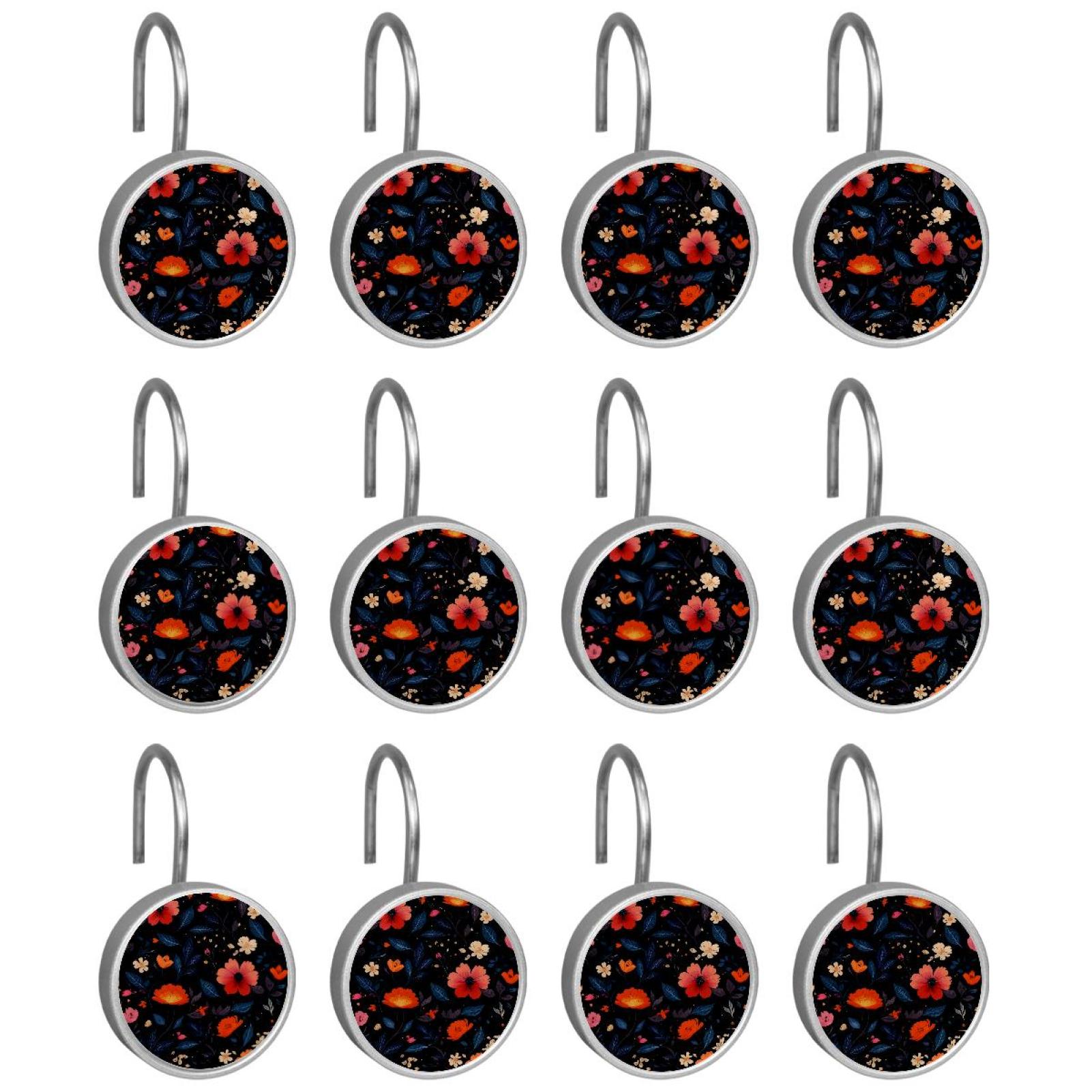 HemaKayy 12 Pcs Shower Curtain Hooks Bathroom Decorative Accessories Brilliant Red Flowers Blue Leaves