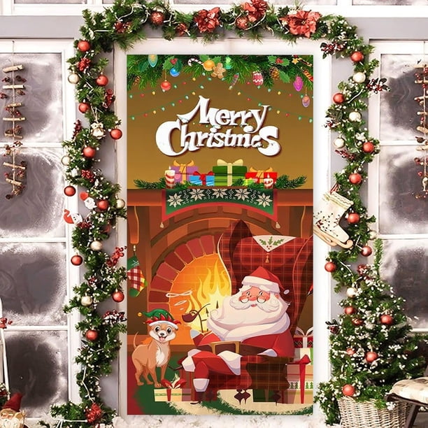 Christmas Door Curtain Flag Outdoor Photo Santa Claus And Puppy Background Decoration Hanging Fabric