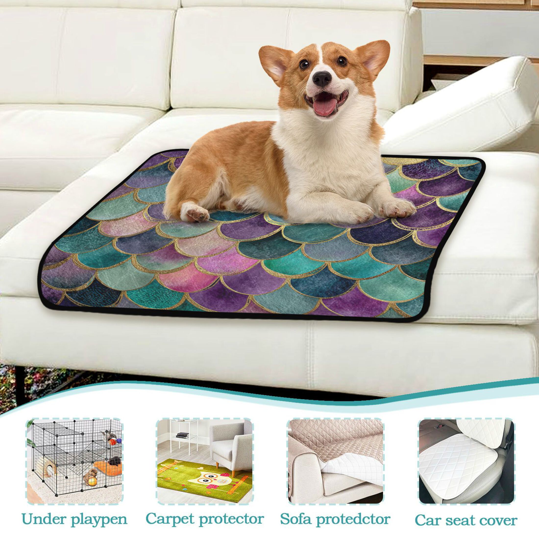 Qxltty Mermaid Scales Cat litter Pads Pet Set of 2 Diaper Mats Center Anti-leakage Layer Absorbent Soft and Comfortable