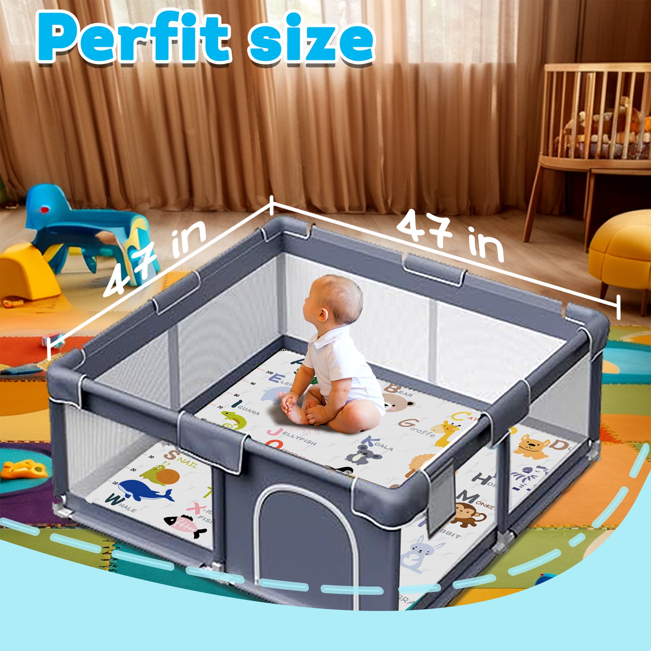 FUGWU Baby Play Mat for Floor, Fits 47x47 Playpen, Non-Slip & Soft Crawling Mat for Infants (Animal Alphabet)