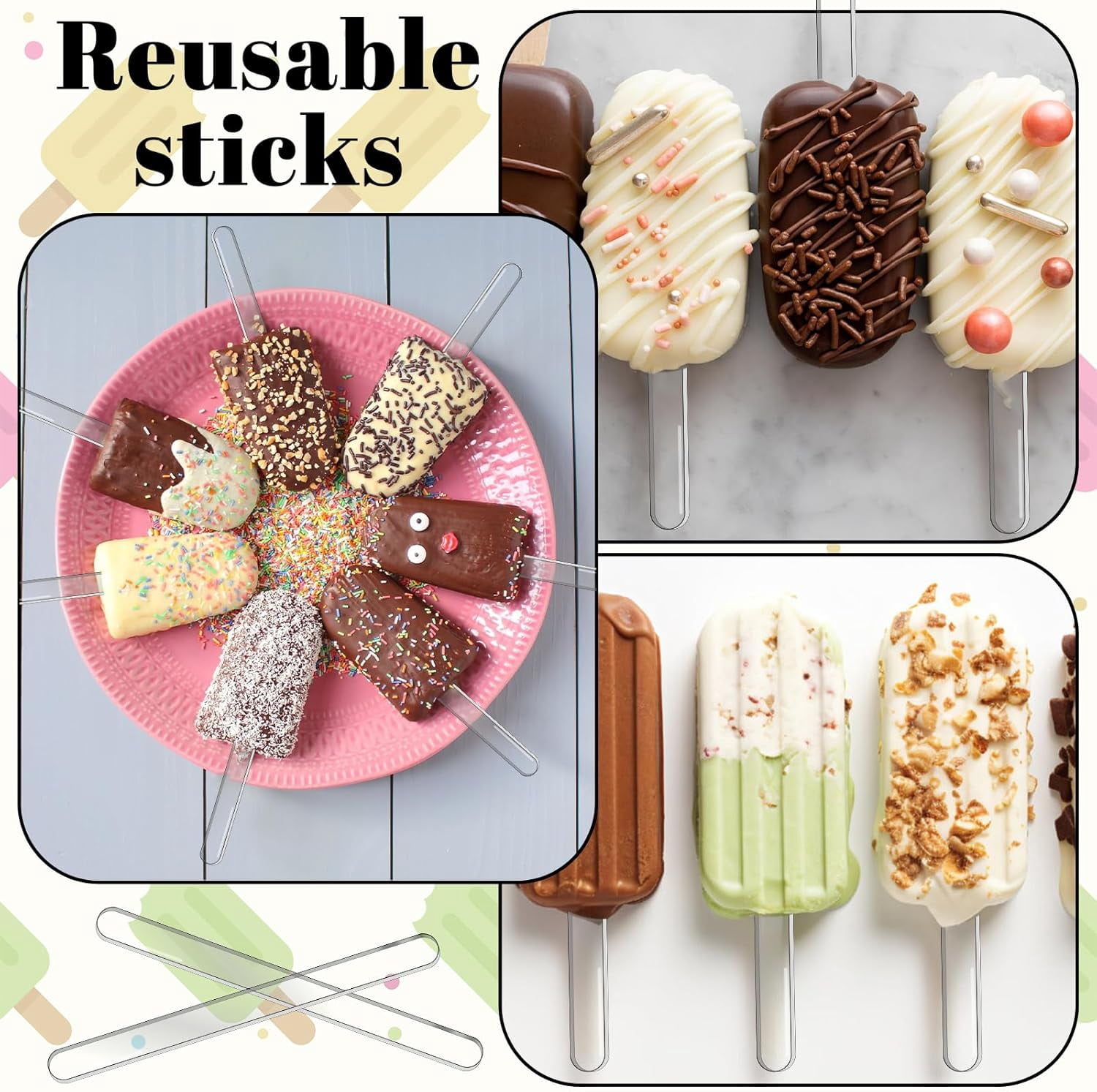 ABPETE Reusable Acrylic Popsicle Sticks,Clear Ice Cream Sticks for DIY Cake Pops, Candy, Desserts,Food-Safe & Durable(100Pcs,4.5 Inch )