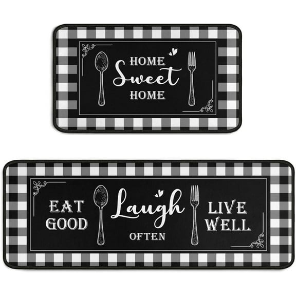 2 Piece Buffalo Plaid Black and White Kitchen Rug Set, Home Kitchen Sink Rugs and Mats Non Skid Washable Absorbent Microfiber Kitchen Floor Carpet 17" x 47" 17" x 30"