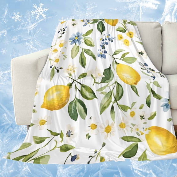 Summer Lemon Cooling Blanket, Lightweight Breathable Summer Throw Blanket with Double Sided Cold Effect, Yellow Botanical Spring Floral Blue Picnic Beach Blankets Bed Sheet for Hot Sleepers 50"x60"