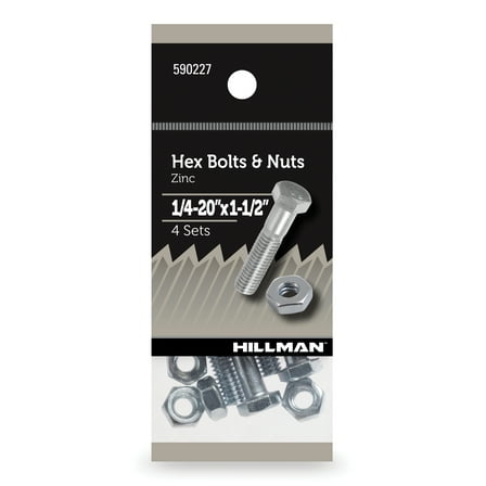 Hillman Hex Bolts and Nuts, 1/4-20" x 1-1/2", Steel, Zinc Finish, Silver, 4 sets