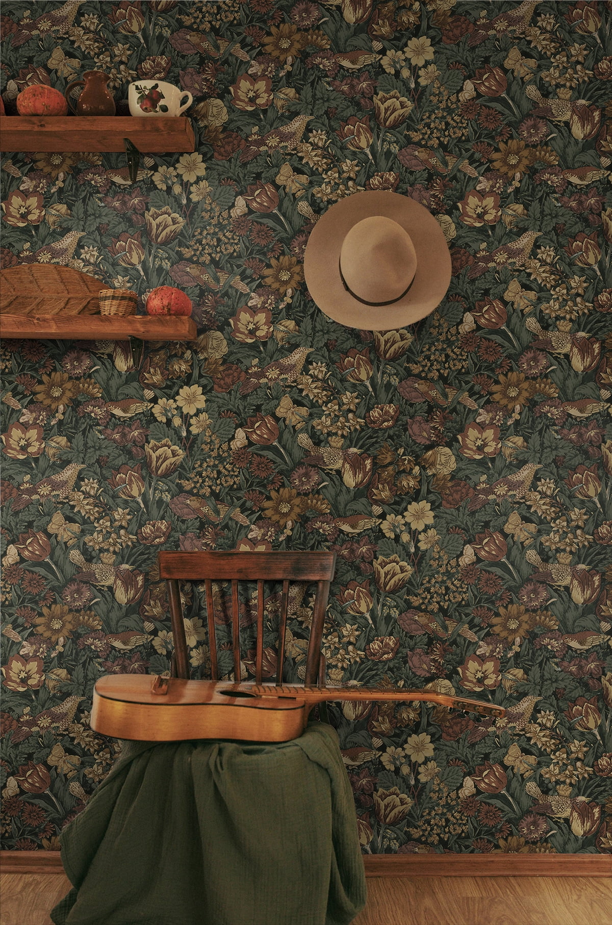 Seabrook Designs Mahogany & Graphite Bird Floral Prepasted Wallpaper