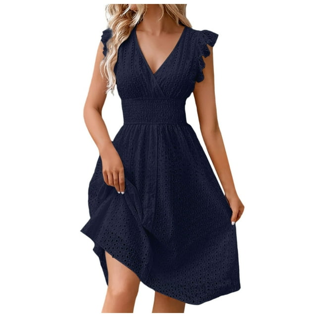 Kcodviy Robe Maxi Décontractée Mi-Longue pour Femmes, Robe en Dentelle Jacquard Ajourée Longueur Genou, Robes d'Été, Robe Ajustée à Col en V, Robe Décontractée Courte Grande Taille pour Femmes