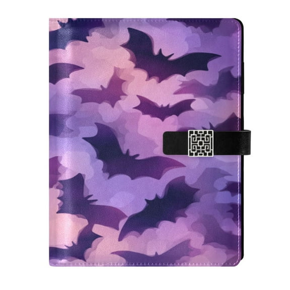 9.2x6.7 inch Leather Notebook 100 Sheets, Multi-Pocket Design & Pen Loop Purple Bats Pattern Refillable Journal Organizer