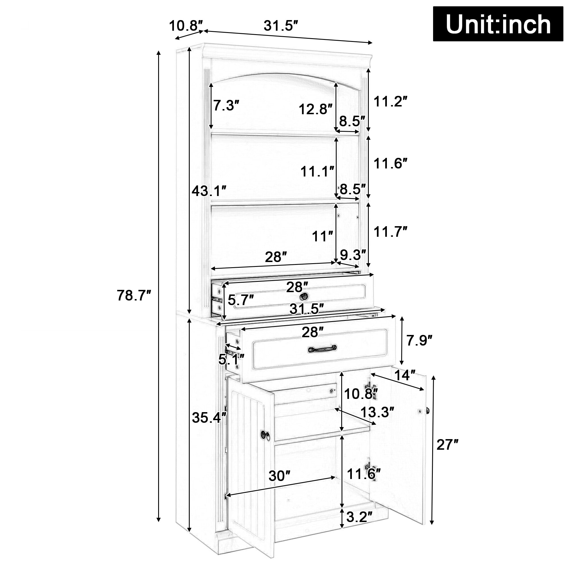Euroco White Bathroom Storage Cabinet with Two Doors, Drawers, Adjustable Shelf & Three Open Shelves – Durable MDF Construction