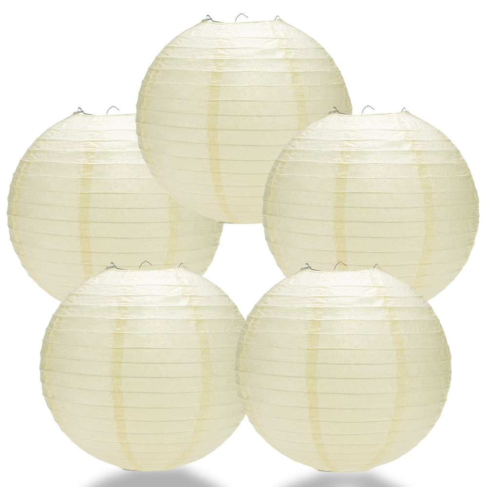 (5PACK) 8" Ivory Round Paper Lantern, Even Ribbing, Hanging Decoration