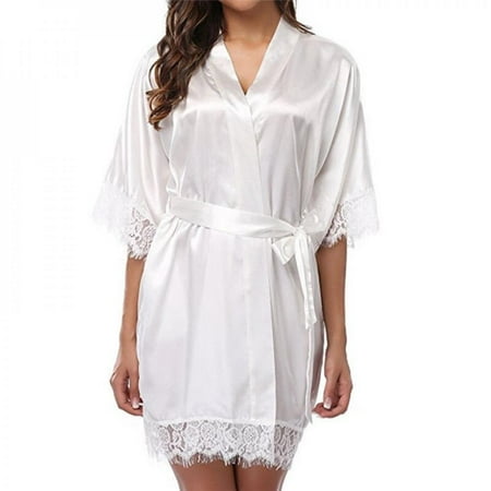

Apocaly Women s Pure Color Satin Short Lace Kimono Bridesmaids Lingerie Robes Summer Bridesmaid Nightwear White XL