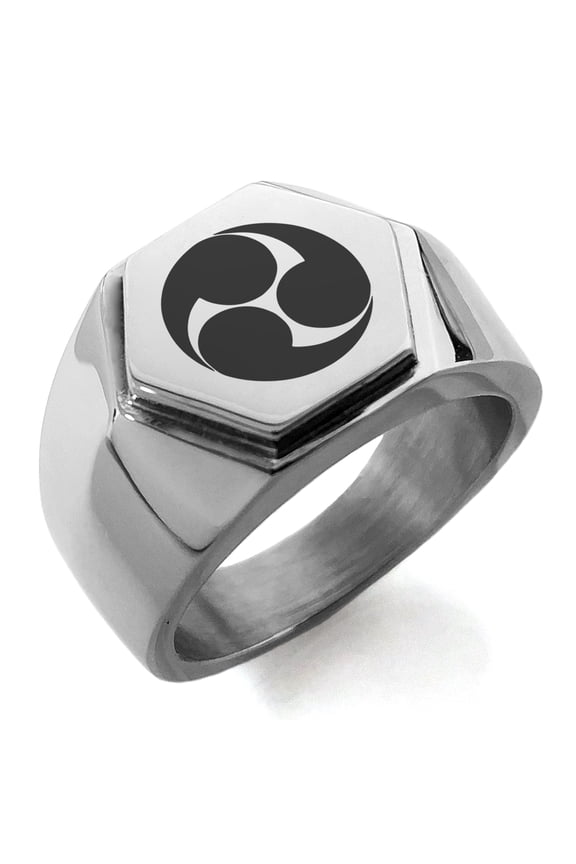 Stainless Steel Kobayakawa Samurai Crest Engraved Hexagon Crest Flat Top Biker Style Polished Ring