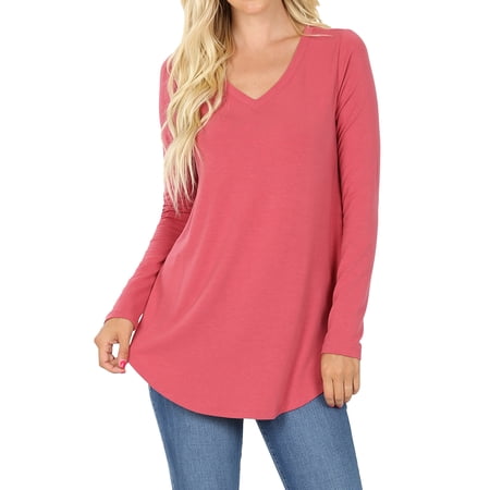 Women & Plus(S-3X) Relaxed Fit Long Sleeve V-Neck Round Hem Jersey Tee Shirt Top (Single & Multi-Packs Available) price history on PriceWatchPro