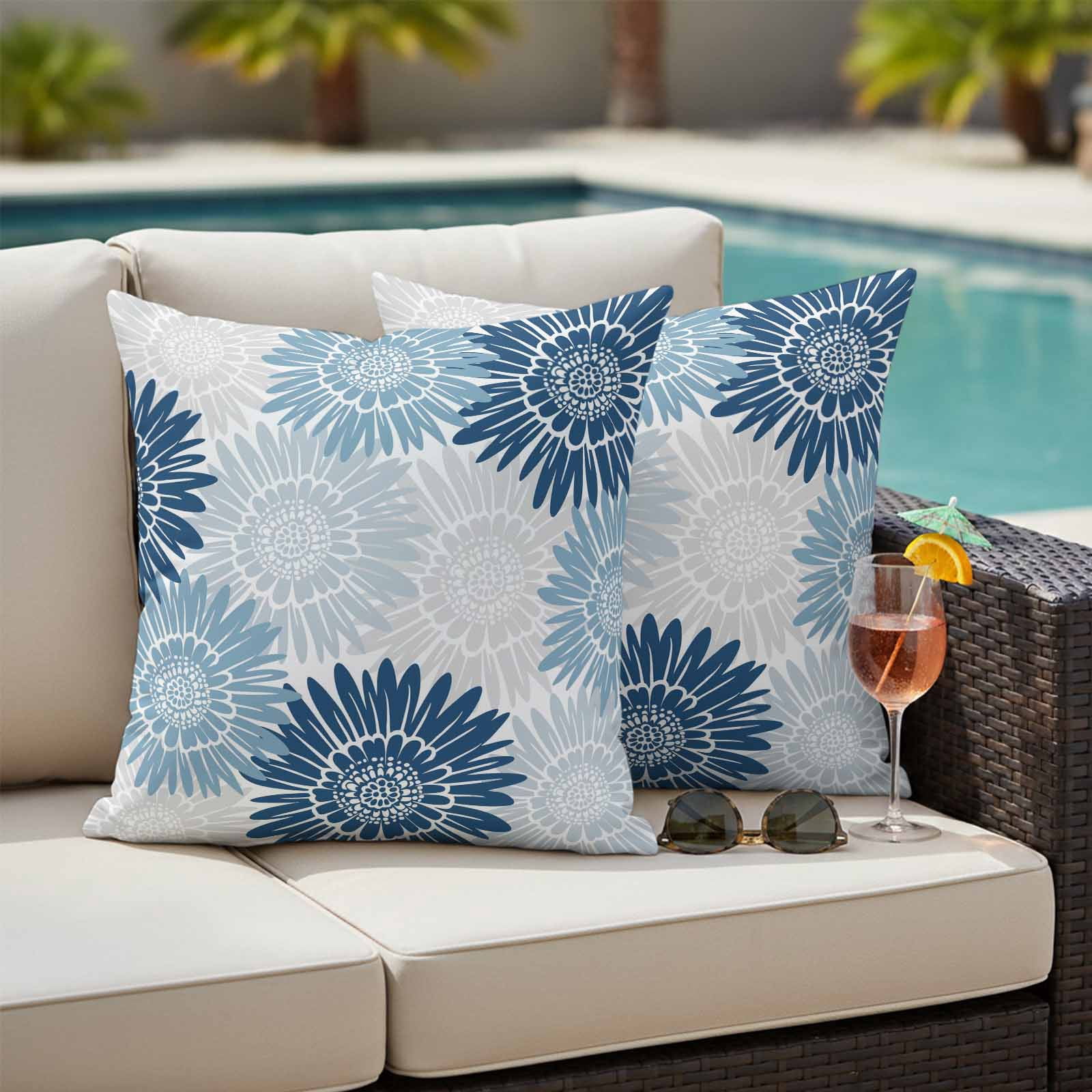 Blue Grey Sunflowers Outdoor Waterproof Throw Pillow Covers 26x26 Set of 2, Boho Vintage Floral Rustic Blossom Decorative Pillowcases Cushion Pillowcase for Couch Sofa Patio Outside Pillow Protector