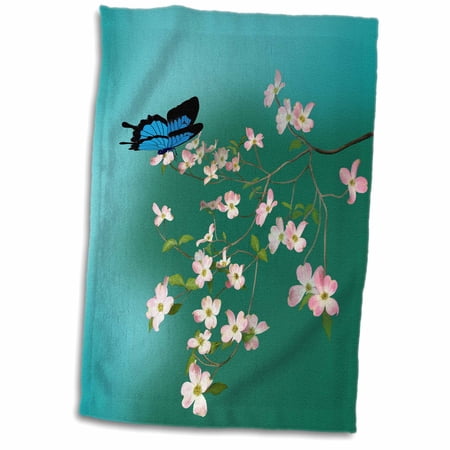 3dRose Painting of a Mountain Blue Butterfly with Pink Dogwood - Towel, 15 by 22-inch
