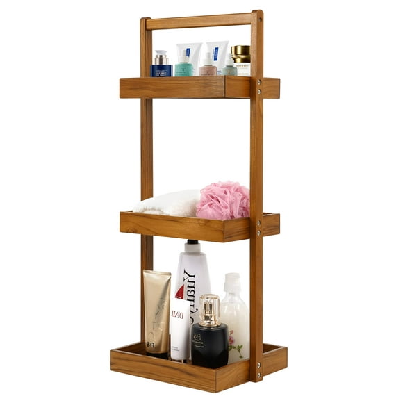 Utoplike Teak Shower Caddy Shelf, Standing Shower Organizer for Bathroom Corner, Wooden Freestanding Racks Storage for Inside Shower, Bath, Office, Stand Up 3 Tier Kitchen Desktop Organ