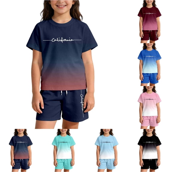 ZXLBBD Girls' Summer Letter Print Gradient Print Outfit for Kids Short Sleeve Design Casual Outdoor Ensemble Clothes Sets,Navy,Size 7 Y-8 Y