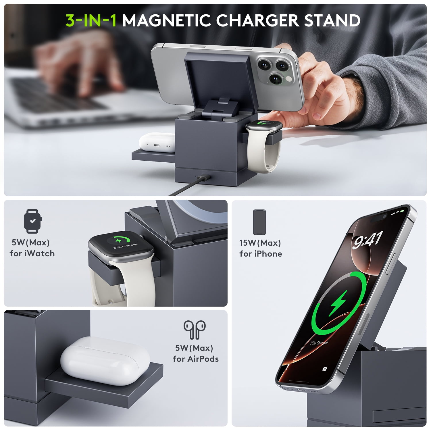 Wireless Charger for iPhone 16 Charger Cube 3 in 1 Charging Station for Multiple Devices, Magnetic Charger for iPhone 16/15/14/13/12, for Apple Watch, for AirPod