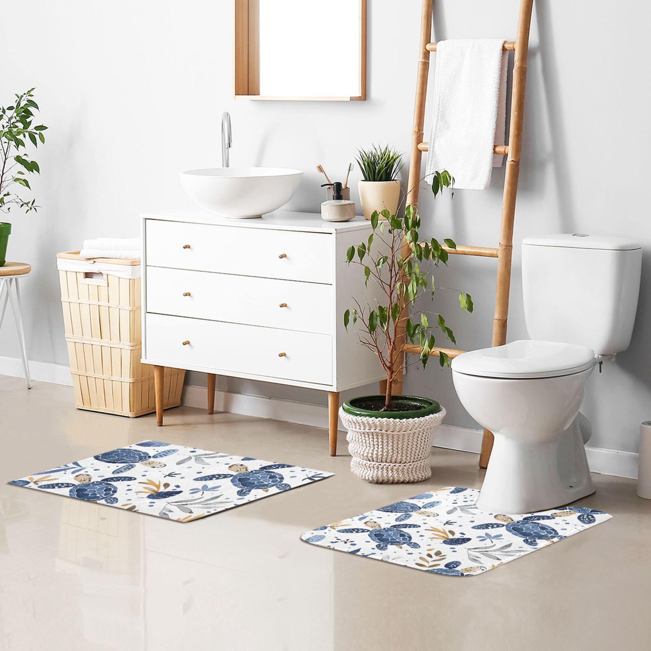 Toilet Rug Set Non-Slip Bathroom Rugs Soft Plush Machine Washable Contour Bath Mat Turtle with Seaweed 24x20/24x16