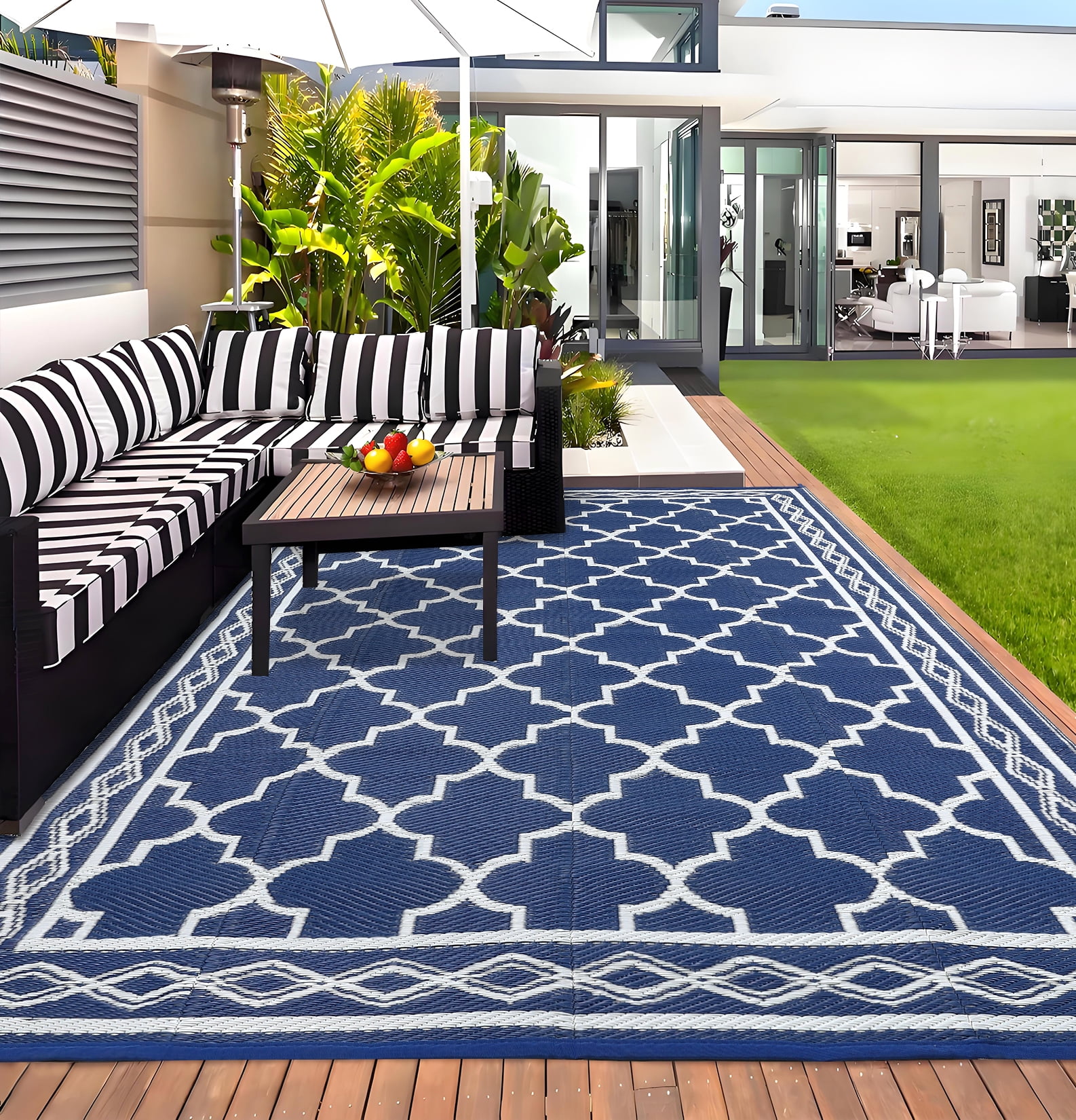 Twister.CK Outdoor Rug 10x14ft Waterproof for Patios, Plastic Straw Rug Camping Carpet Mats for Picnic, Backyard, Deck, Balcony, Porch, Beach, Dark Blue & White