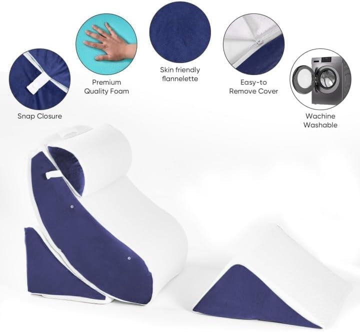 4 PCS Wedge Pillow Set for After Surgery, Memory Foam Orthopedic Bed Wedge Pillow Set, Adjustable Bed for Sleeping, Acid Reflux Relief, Post Surgery Recovery, Back Support, Leg Elevation, Blue