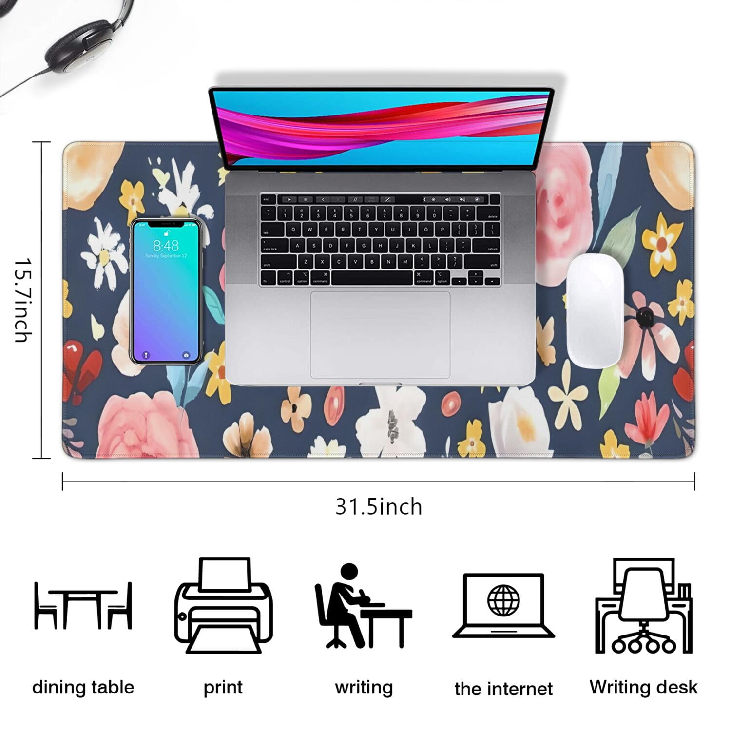Long Mouse Pads for Desk,Pioneer Flower Floral Print Pattern Desk Mats on Top Of Desks, Desk Mouse Pad Extra Large with 3mm Non-Slip Base and Stitched Edge for Gaming,Office,Work,Home 31.5"x15.7"