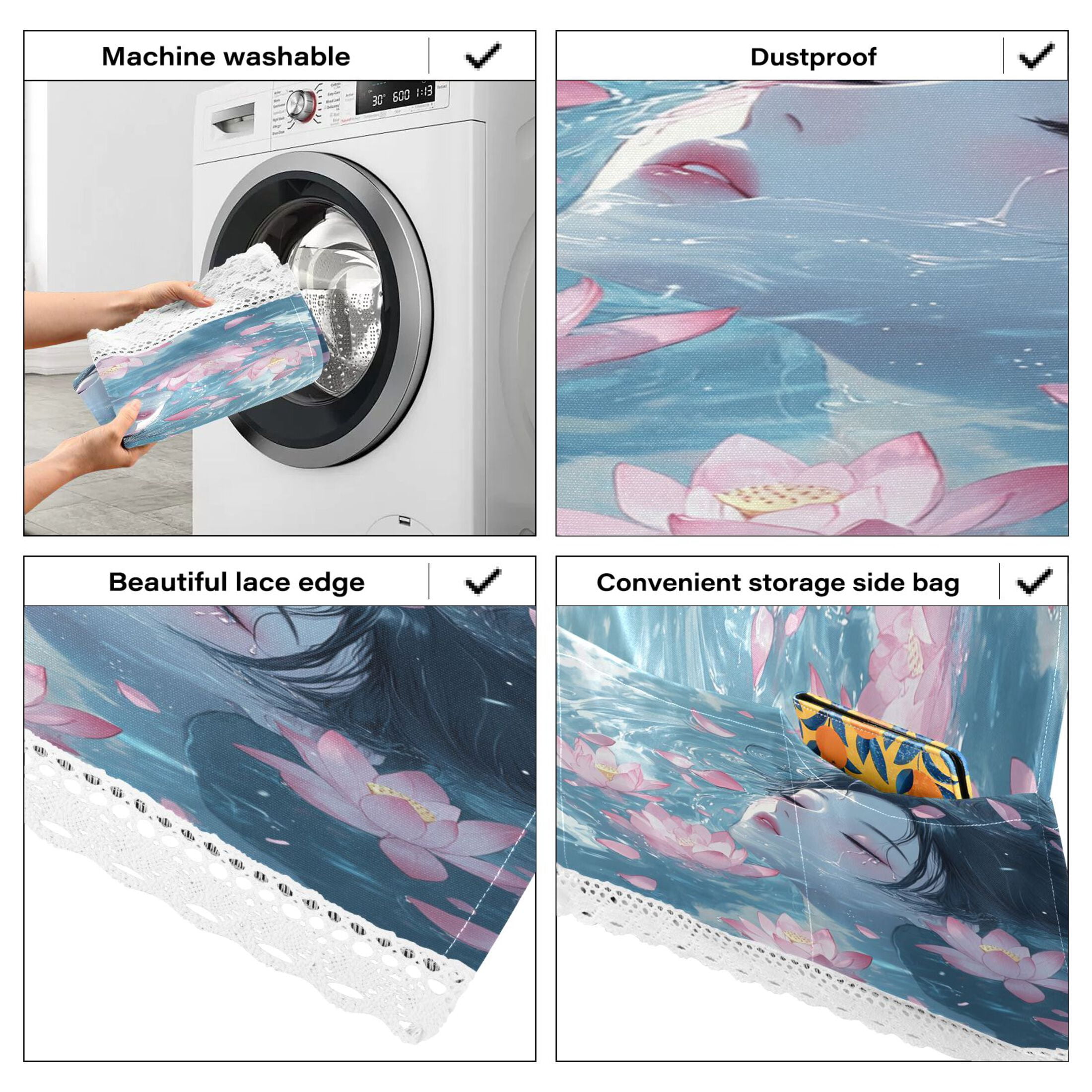 Water Brings Out The LotusWasher and Dryer Covers Dust-Proof and Oil Resistant Fridge Cover with 4 Storage Pockets Washing Machine Top Cover for Laundry Kitchen Home 51.2 x 22 In