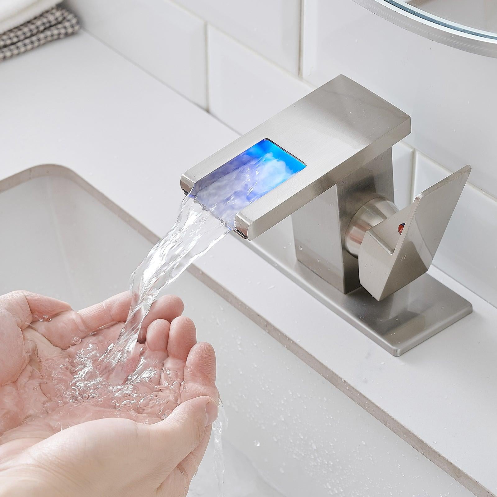 ANGELES HOME LED Light Bathroom Faucet Waterfall Single Handle One Hole Faucet for Bathroom Sink Mount Vanity Faucet