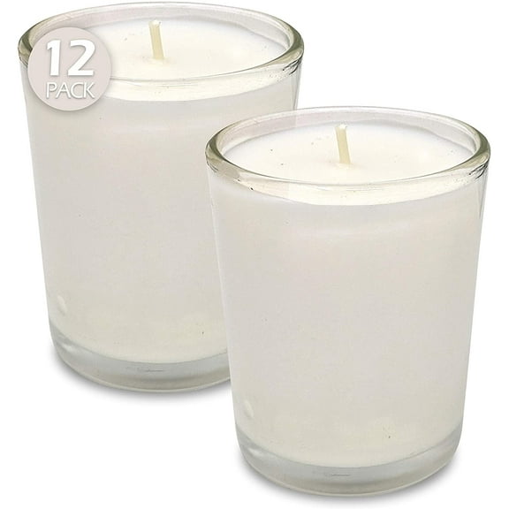 Hyoola Unscented 24 Hour White Votive Candles in Clear Glass Cups, Paraffin Wax with Cotton Wicks, 12-Pack