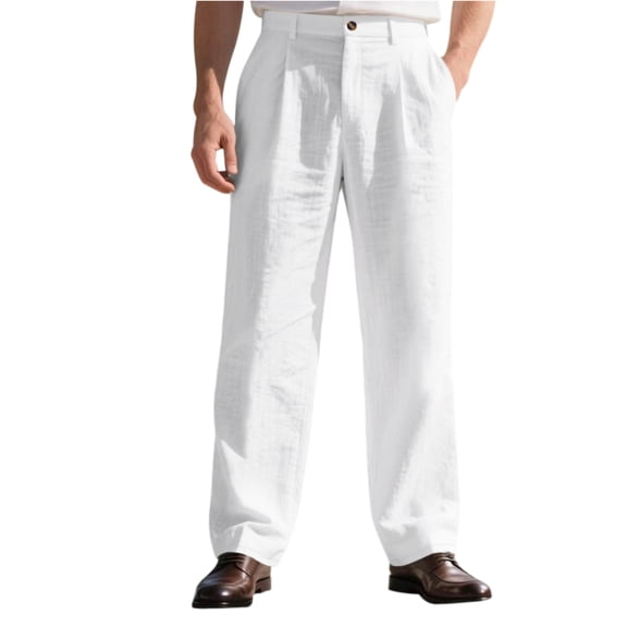 Nestiefly Men's Linen Straight Fit Trousers Dressy Lightweight Classic Pleated Beach Pants with Belt Loops 2026 White XL