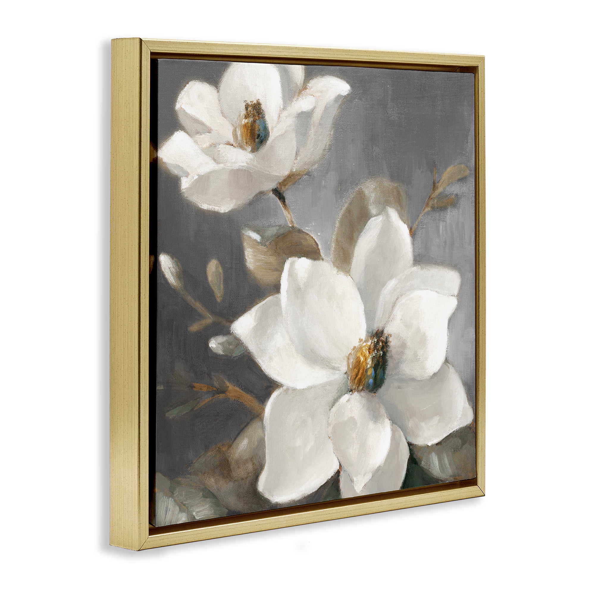 Stupell Industries Magnolias on Grey Botanical & Floral Painting Gold Floater Framed Canvas Art Print Wall Art, 18 x 18