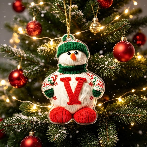 romoty Personalized Letter V Snowman Christmas Ornament, 3.15 in Acrylic Monogram Initial Knit Snowman Pendant with Cord for Xmas Tree Wreath Mantel Decor Kids Stocking Stuffer Gift