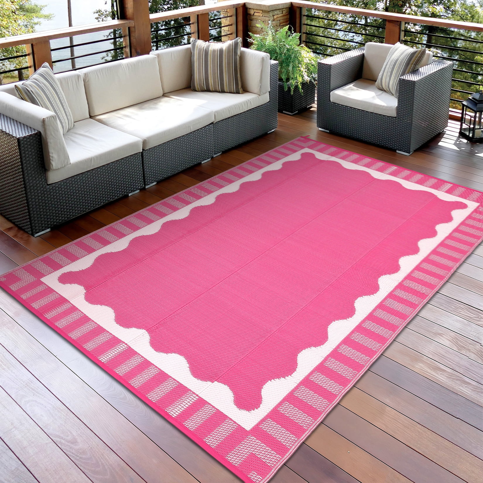 Garvee 8x10ft Outdoor Rug Modern Simple Reversible Area Rug, Plastic Straw Rug Waterproof Outdoor Carpet with Bordered Design for Patio Backyard Camping Beach RV Porch, Rose Red