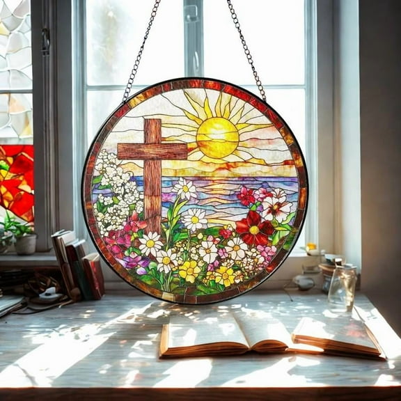 Christian Cross Stained Glass Suncatcher, Sunrise Floral Religious Window Hanging, Faith Gift for Church or Memorial Decor