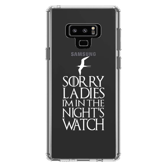 DistinctInk Clear Shockproof Hybrid Case for Samsung Galaxy Note 9 - TPU Bumper Acrylic Back Tempered Glass Screen Protector - Sorry Ladies I'm In The Night's Watch