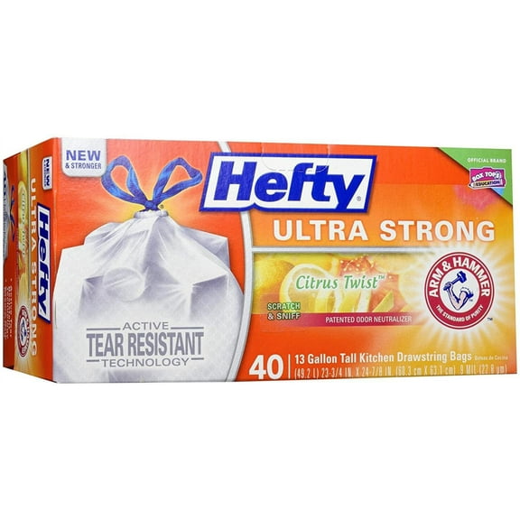 Hefty Ultra Strong Tall Kitchen Drawstring Trash Bag, Citrus Twist, 40 Count