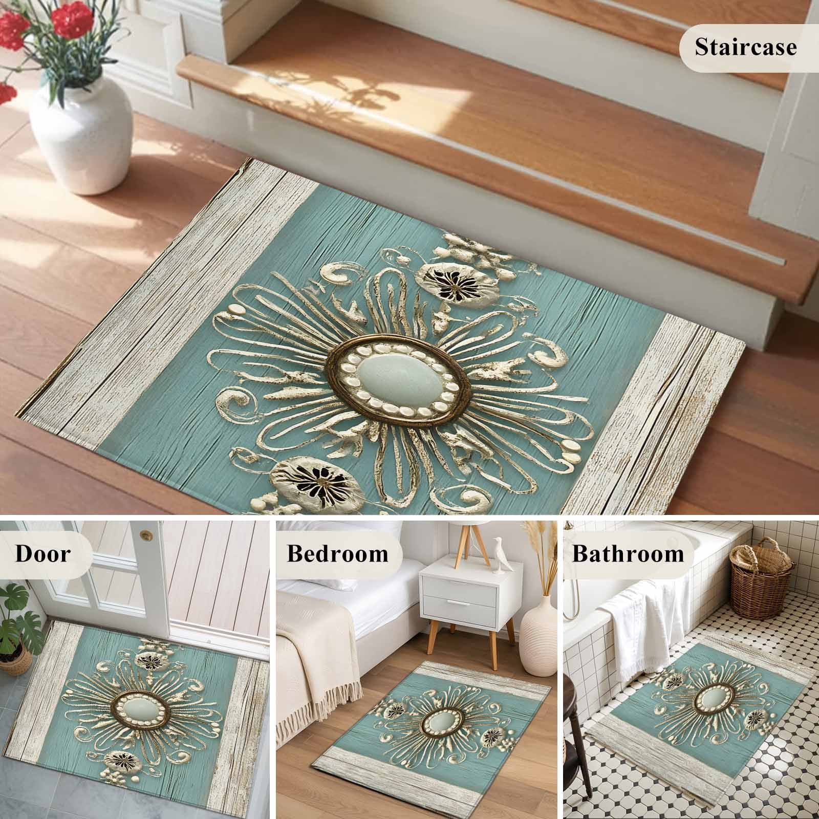Bathroom Rugs 2x3 Ft, Vintage Teal Art Non Slip Area Rugs for Kitchen Bedroom Entryway, Retro Abstract Art Washable Carpet Runner Rug Floor Mats for Bedroom Home Decor
